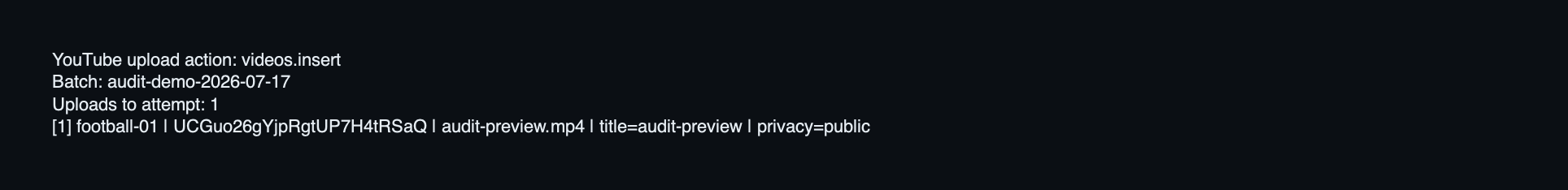 Read-only upload preview showing one public upload, its full channel ID, title, and count